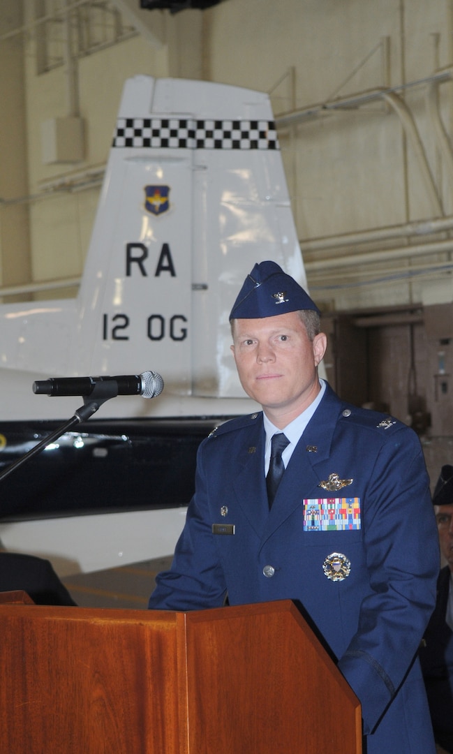 Col. Andrew Croft, 12th Operations Group commander , addresses the audience during his Assumption of Command Ceremony July 23. (U.S. Air Force photo/Rich McFadden)