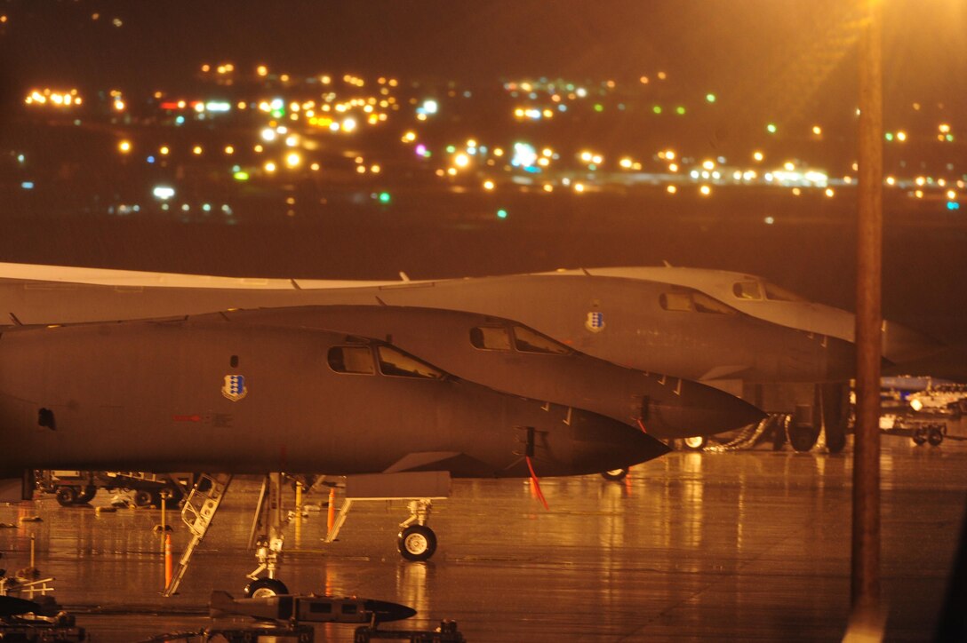 ELLSWORTH AIR FORCE BASE, S.D. -- B-1B Lancers are parked on the flightline, July 21. Carrying the largest payload of both guided and unguided weapons in the Air Force inventory, the multi-mission B-1 is the backbone of America's long-range bomber force. (U.S. Air Force photo/Airman 1st Class Corey Hook)