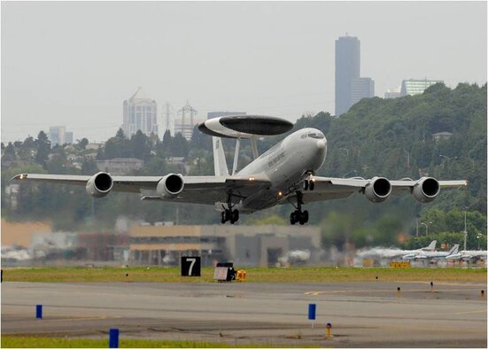 A Saudi Arabian Airborne Warning and Control System E-3 aircraft takes off from Seattle, Wash. The Electronic Systems Center recently awarded a contract to enhance and improve the capabilities of the Saudi aircraft. (Courtesy photo)