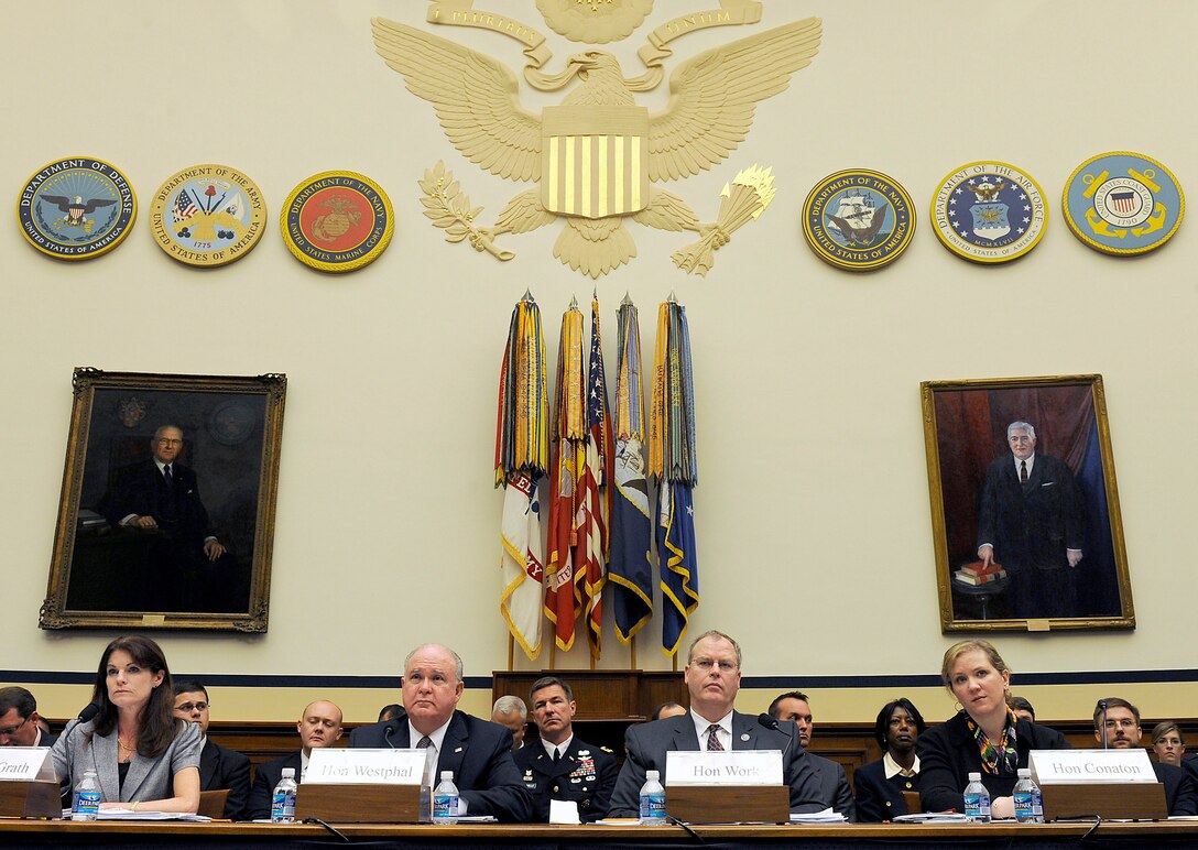 From left, Elizabeth McGrath, Joseph Westphal, Robert Work and Erin C. Conaton take questions during a House Armed Services Committee discussion on "Managing the Department of Defense" July 22, 2010, in the Rayburn House Office Building, Washington, D.C. Ms. McGrath is the Department of Defense deputy chief management officer. Mr. Westphal is the undersecretary of the Army. Mr. Work is the undersecretary of the Navy.  Ms. Conaton is the undersecretary of the Air Force. (U.S. Air Force photo/Scott M. Ash)