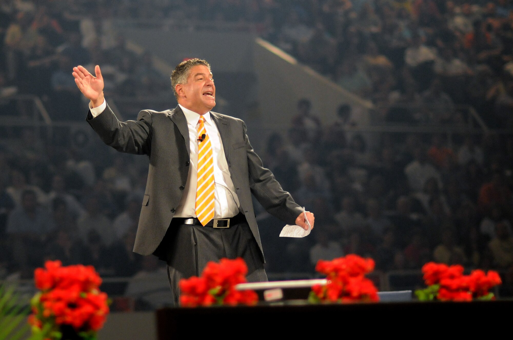 KNOXVILLE, Tenn. -- University of Tennessee men's basketball coach Bruce Pearl addresses the Get Motivated! business seminar at the Knoxville Civic Coliseum, July 21, 2010.  Members of The I.G. Brown Air National Guard Training and Education Center attended the event. (U.S. Air Force photograph by Master Sgt. Kurt Skoglund/Released)