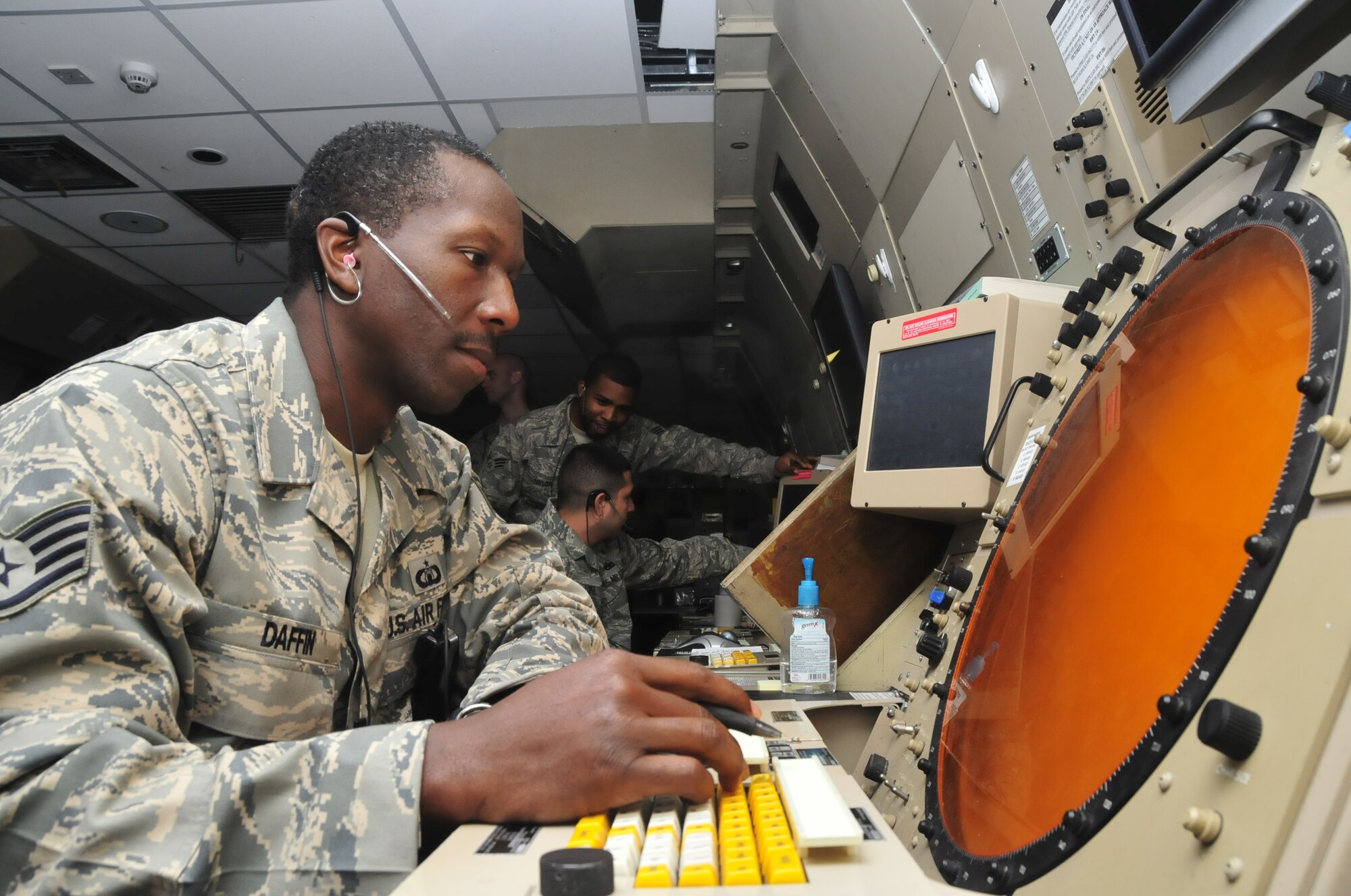 Staff Sgt. Bobby Daffin, 48th Operations Support Squadron watch supervisor, monitors aircraft on his radar at the Radar Approach Control center at RAF Lakenheath, England July 21. Sergeant Daffin was nominated for a Liberty Spotlight because he portrays the core value of Excellence in all We Do. (U.S. Air Force photo/Airman 1st Class Eboni Knox)