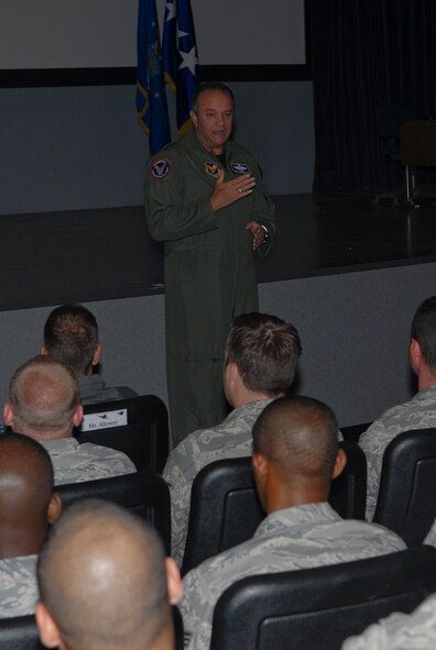 KUNSAN AIR BASE, Republic of Korea -- Lt. Gen. Philip Breedlove, Chief of Staff for Operations, Plans and Requirements, Headquarters U.S. Air Force, Washington, D.C., briefs new Wolf Pack members during a new comers brief July 22. General Breedlove visited with Wolf Pack Airmen while checking on all the new updates that have happened since he was the Wolf. (U.S. Air Force photo/Senior Airman Roy Lynch)