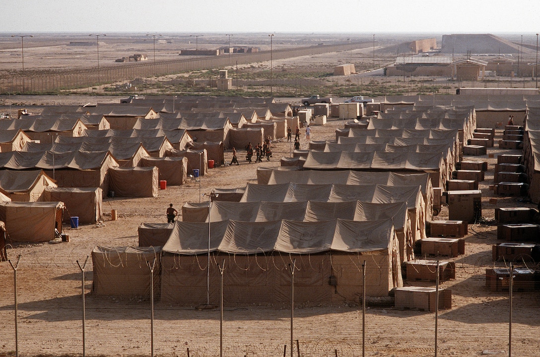 A tent city provides shelter for members of the 401st Tactical Fighter Wing during Operation Desert Shield.