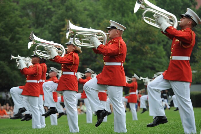 "The Commandant's Own," the U.S. Marine Drum & Bugle Corps, performs during the Sunset Parade at the Marine Corps War Memorial July 13. Since 1956, Barracks Washington band units have been performing in the shadow of the Marine Corps War Memorial.
