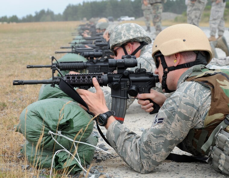 U.S. Air Force Airmen zero weapons during Exercise Allied Strike 10, Grafenwoehr, Germany, July 23, 2010. Allied Strike is Europe's premier close air support (CAS) exercise, held annually to conduct robust, realistic CAS training that helps build partnership capacity among allied North Atlantic Treaty Organization nations and joint services while refining the latest operational CAS tactics. For more Allied Strike information go to www.usafe.af.mil/alliedstrike.asp. (U.S. Air Force photo by Senior Airman Caleb Pierce)