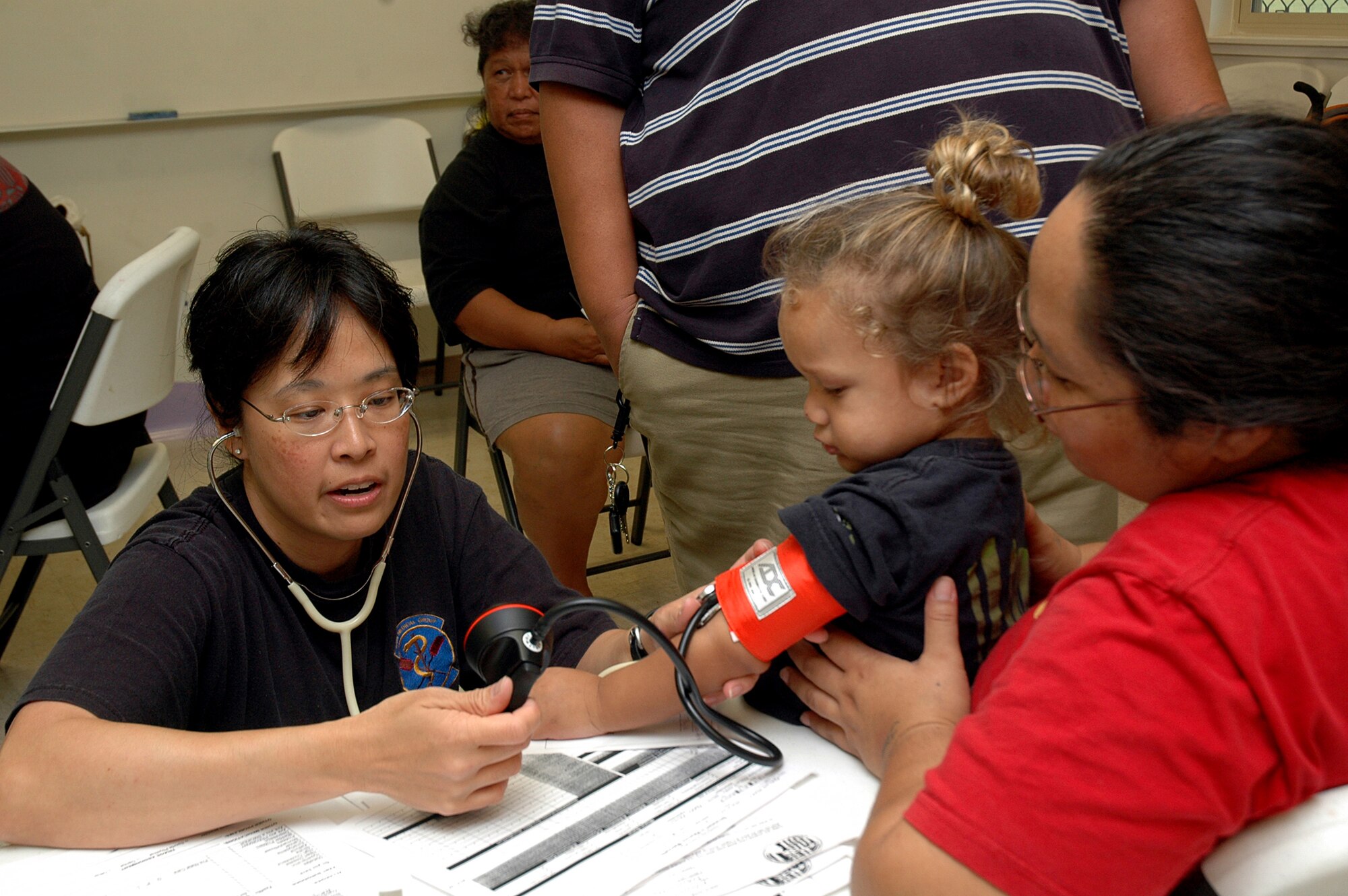 Master Sgt.  Kimberly Santos, aerospace medical technician, 154th Medical Group, checks the blood pressure of one of the young patients, whose parents took advantage of the free medical screenings offered by the Hawaii Air National Guard as part of the Hawaii Medical Innovative Readiness Training July 16, in Waianae, Hawaii. Innovative Readiness Training is an opportunity for Guard members to complete mission essential training while performing free medical services to the medically underserved. (U.S. Air Force photo/Tech. Sgt. Betty J. Squatrito-Martin)