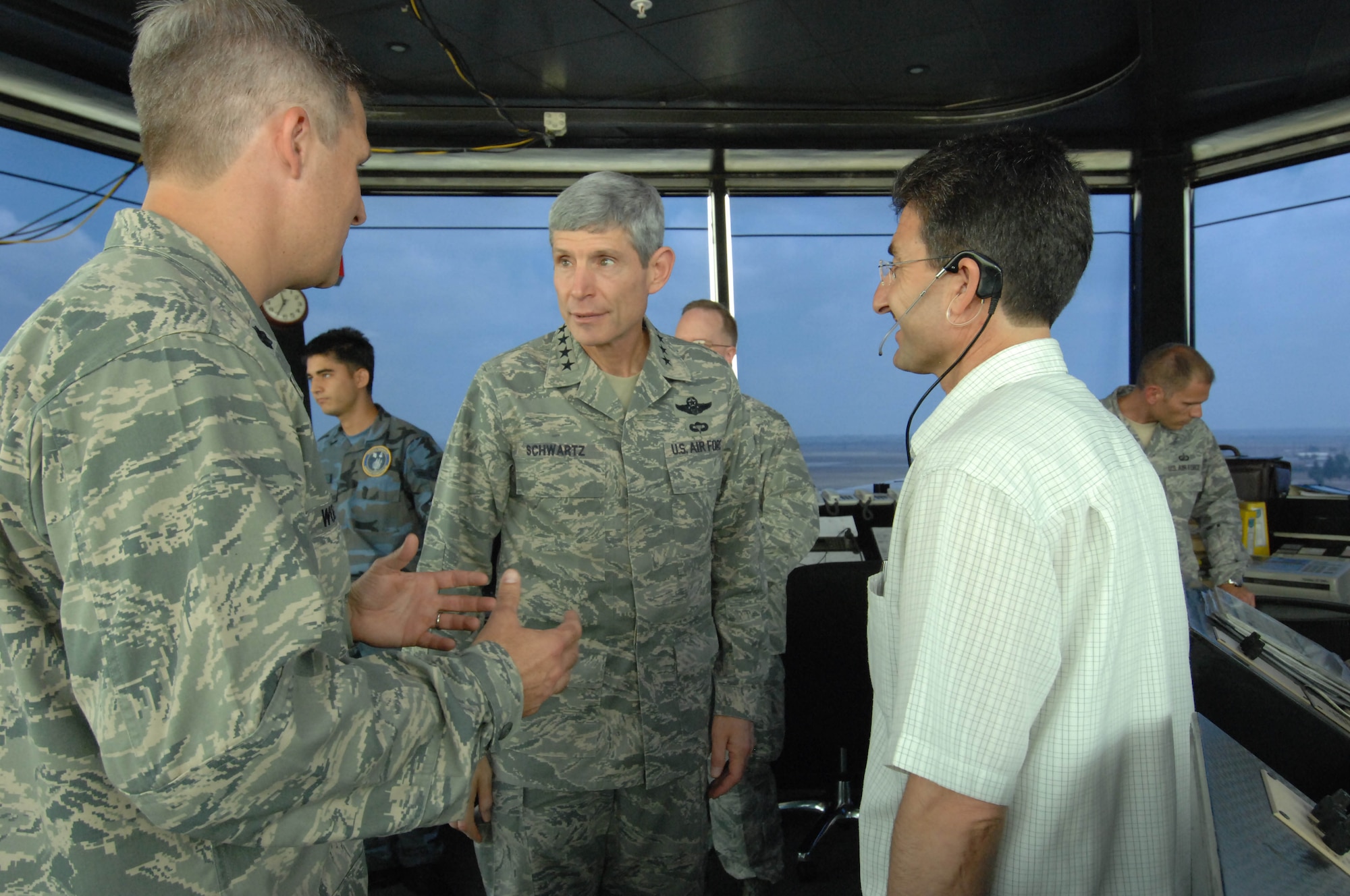 Lt. Col. Bryan Wolford, 39th Operations Squadron commander, and Mr. Hudaverdi Goren, 39th Operations Squadron interpreter, brief Air Force Chief of Staff Gen. Norton Schwartz July 21, 2010 at Incirlik Air Base.  The Air Force’s top uniformed officer toured work areas, visited with Airmen around the base and addressed issues affecting the Air Force with more than 500 Airmen during an all call. (U.S. Air Force photo/Tech. Sgt. Valda G. Wilson)