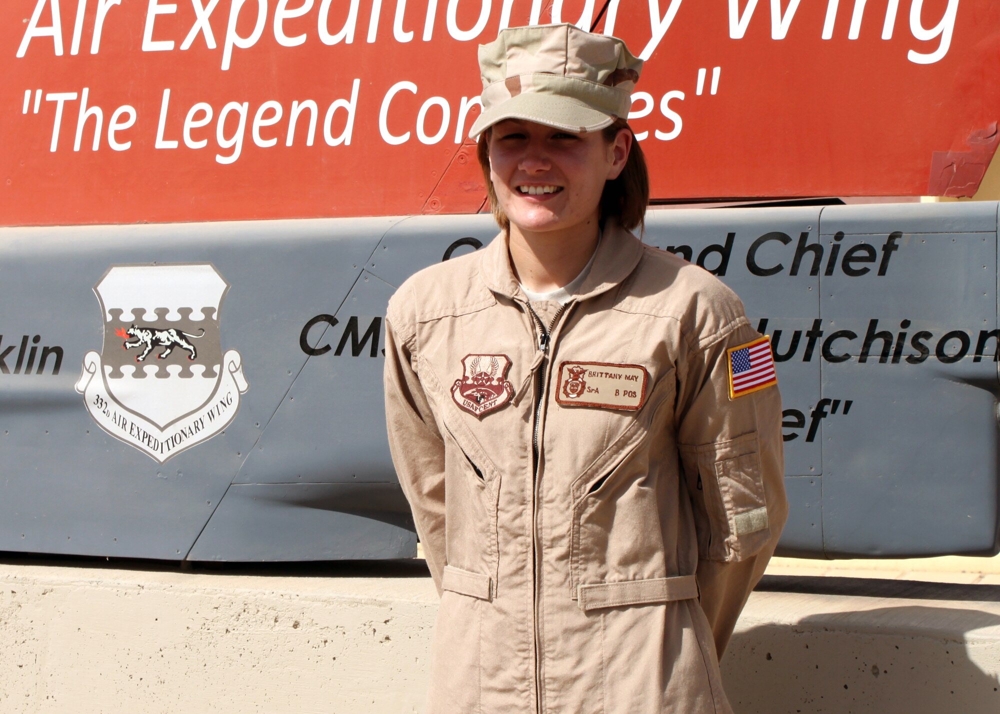 Senior Airman Brittany May, 332nd Expeditionary Security Forces Group Fly Away Security Team leader, is the 332nd Air Expeditionary Wing's Tuskegee Airman of the Week for July 11-17, 2010. Airman May, deployed from Cheyenne Mountain Air Force Station, Colorado Springs, Colo., provided security during a C-130 Hercules mission, ensuring safe transport of two violent insurgents with zero mishaps.  In addition, she was a participant during a Health and Wellness Inspection operation, searching seven rooms and seizing contraband items, as well as reducing potential insider threats. (U.S. Air Force photo/Staff Sgt. Stacy Fowler)