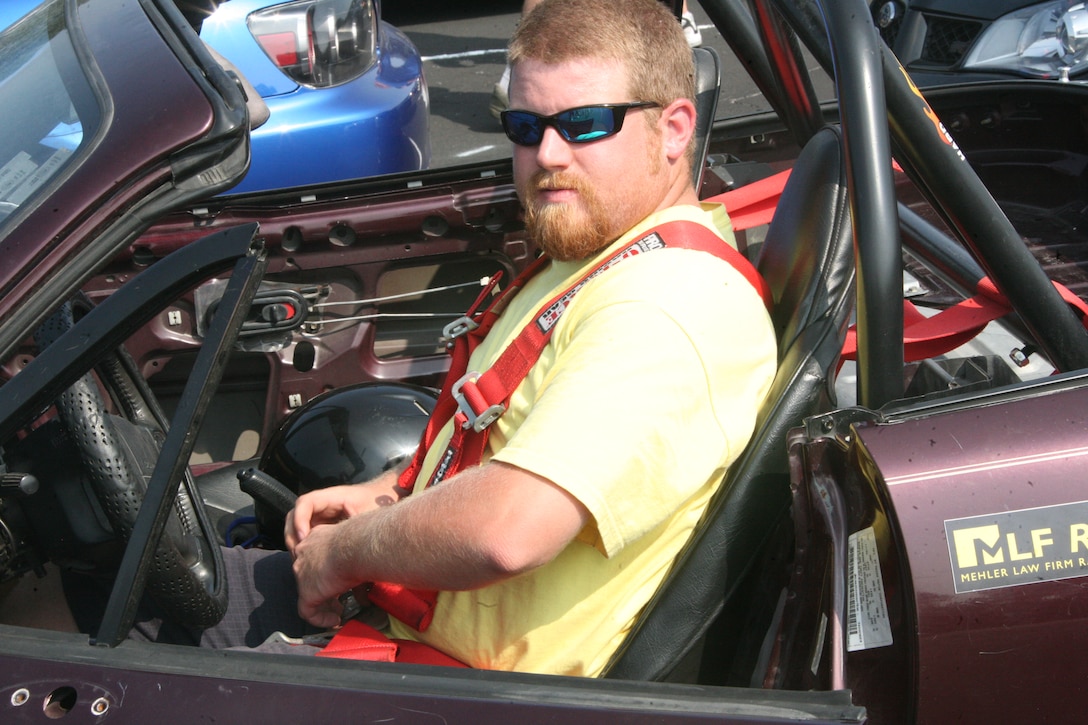 Chris Severt prepares for his first run on the course during the Single Marine Program and Sports Car Club of America autocross on Cherry Point’s “foxtrot” taxiway July 25. The SCCA hosts these events in multiple locations and will return to Cherry Point in August for the third and final autocross in 2010 here.
