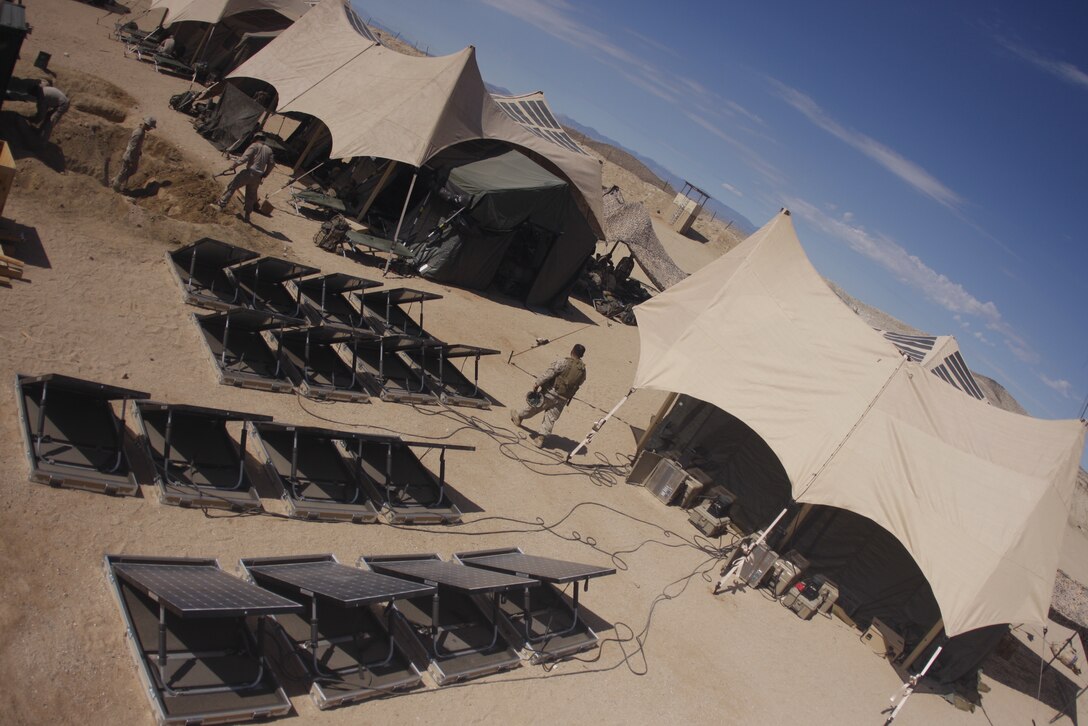 The Combat Center is currently the test grounds for the Marine Corps newest solar energy experiment. Third Battalion, 5th Marine Regiment, based out of Marine Corps Base Camp Pendleton, Calif., is currently utilizing solar energy panels to help reduce the need for supplies in the field.