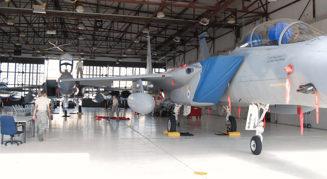 An F-15D Eagle (front) is parked in a training hangar July 23, 2010, at Sheppard Air Force Base, Texas, to be used for training F-15 aircraft maintenance students on the latest equipment and controls of an F-15 jet. (U.S. Air Force photo/Tech. Sgt. Vernon Cunningham)