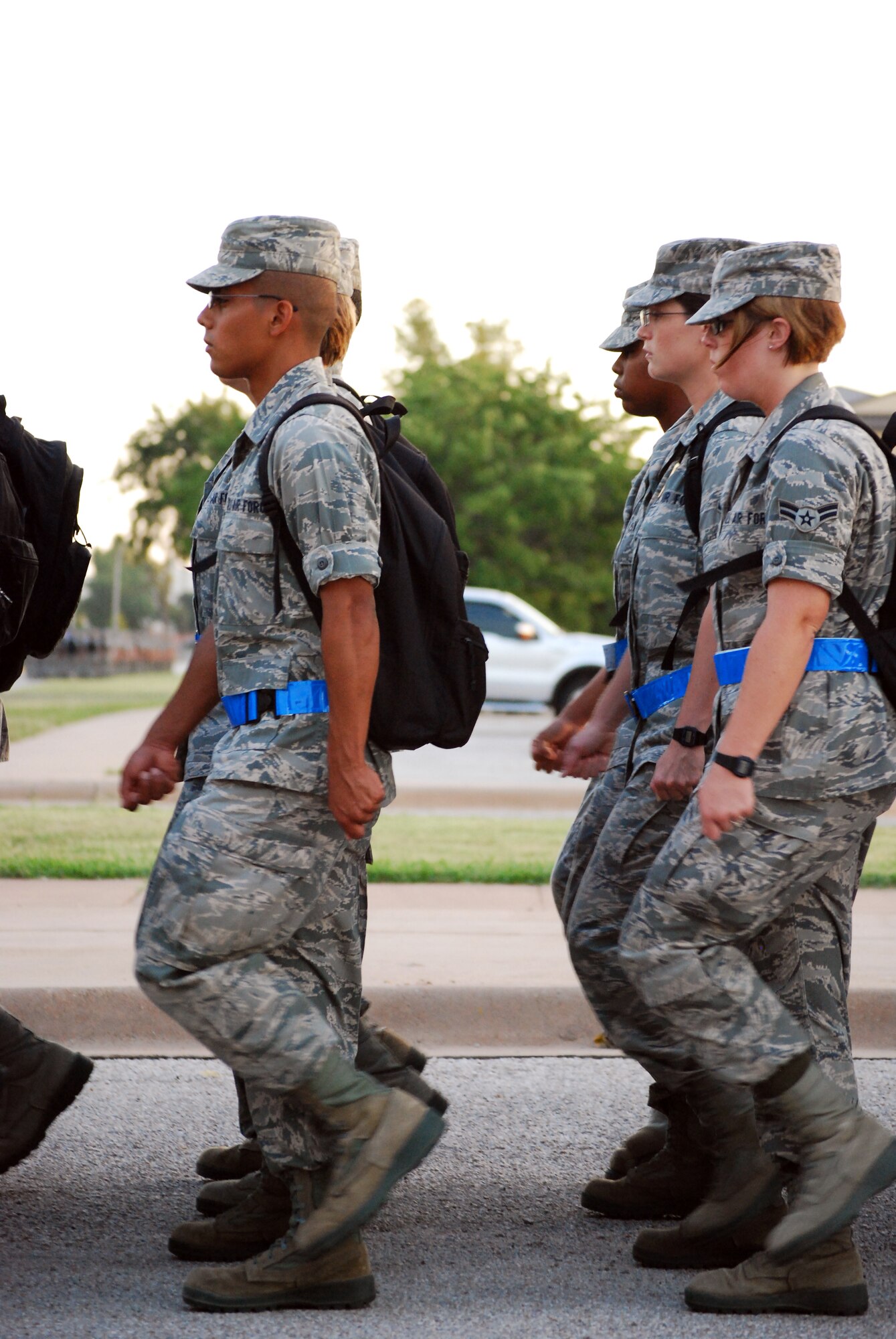 Airmen in Training from the 882nd Training Group march to class while lined up in formation and stepping in sequence to the Airman leader’s cadence July 23 at Sheppard Air Force Base, Texas.     On any given day, 1,400 students are in varying phases of training throughout the 882nd TRG. (U.S. Air Force photo/Tech. Sgt. Vernon Cunningham)