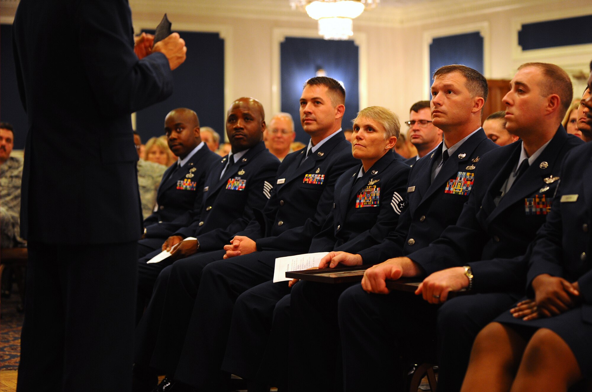 OFFUTT AIR FORCE BASE, Neb. - A group of Team Offutt members were inducted into the ranks of senior noncommissioned officers in a special ceremony July 23 at the Patriot Club. This tier of the enlisted force structure consists of the top three enlisted ranks. SNCO's use their experinece and leadership ability to leverage resources and personnel against a variety of missions and further develop their teams and people, both technically and professionally. U.S. Air Force photo by Josh Plueger
