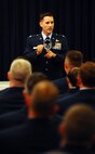 OFFUTT AIR FORCE BASE, Neb. - Col. William P. Jensen, 55th Wing vice commander, provides closing remarks as the guest speaker at the Senior Noncommissioned Officer Induction Ceremony at the Patriot Club, July 23.  This tier of the enlisted force structure consists of the top three enlisted ranks. SNCO's use their experinece and leadership ability to leverage resources and personnel against a variety of missions and further develop their teams and people, both technically and professionally. U.S. Air Force photo by Josh Plueger