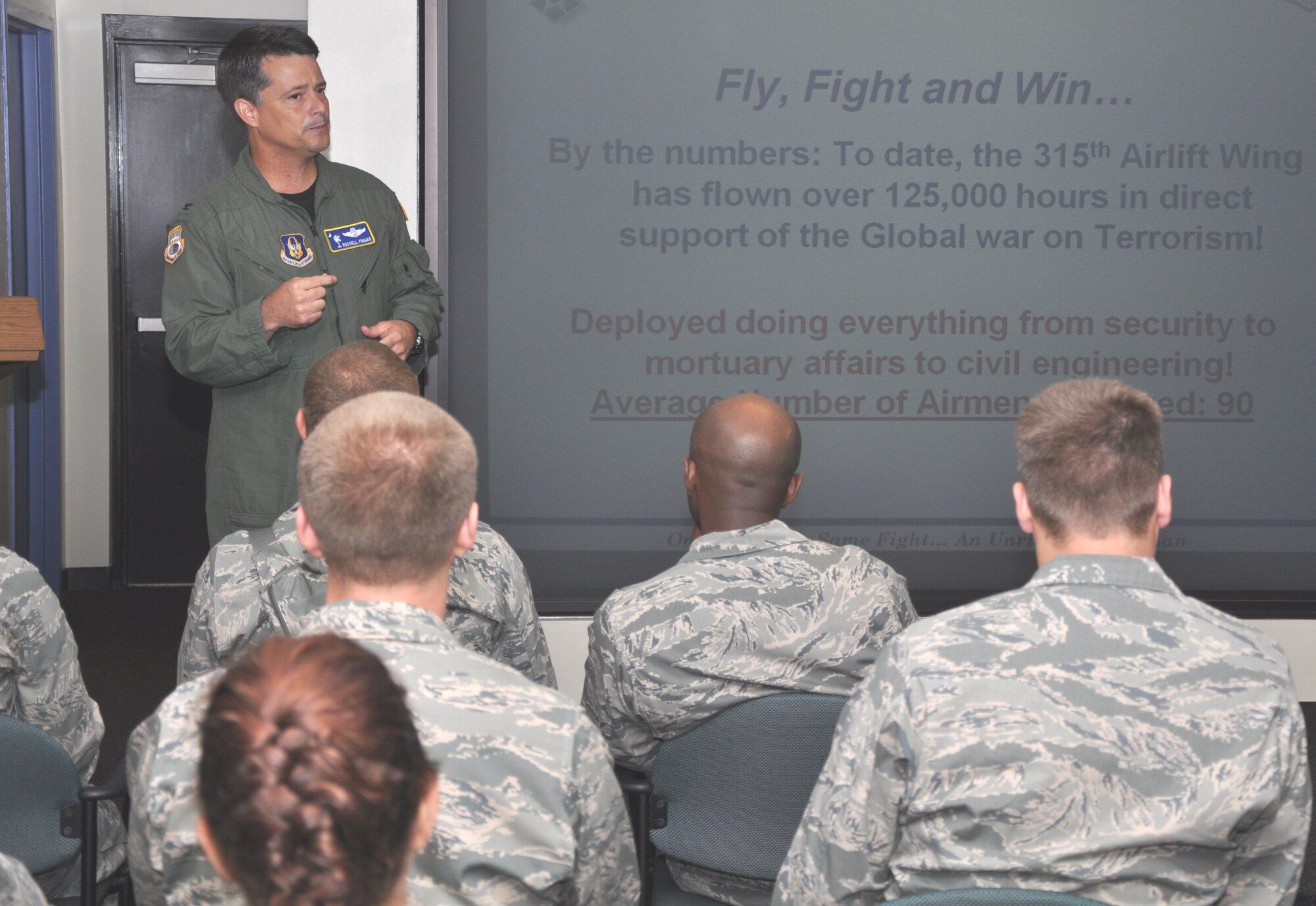 Col. Russell Fingar discusses the 315th Airlift Wing mission to 30 Air Force chaplain candidates July 26, 2010, at Charleston Air Force Base, S.C. Col. Fingar is the 315th Arilift Wing vice commander.  (U.S. Air Force photo/Staff Sgt. Shane Ellis)