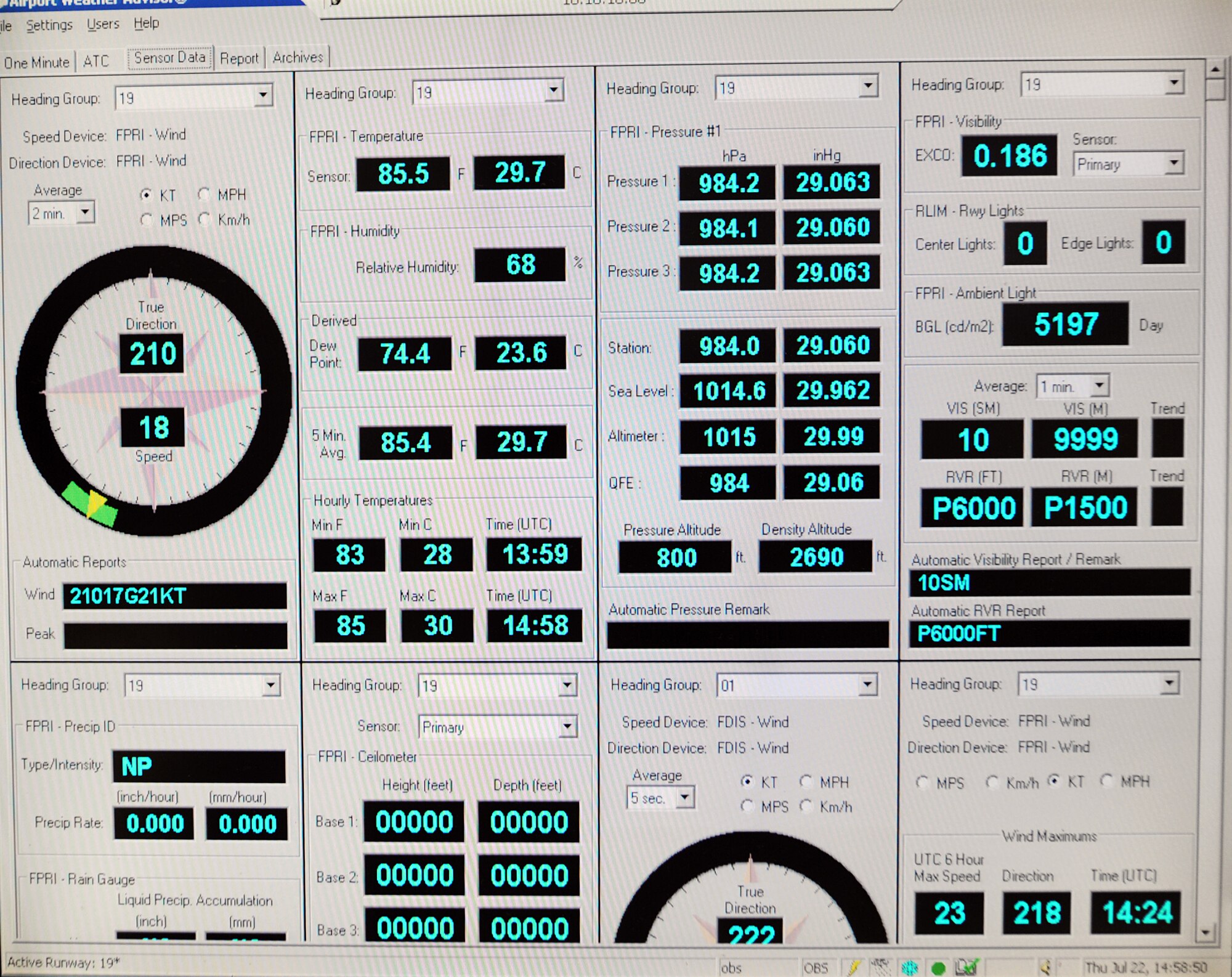 Current weather readings are taken from sensors at various places on the flightline and displayed at base operations on Whiteman Air Force Base, Mo. Wind direction and speed are vital information to arriving and departing aircraft. (U.S. Air Force photo/Senior Airman Carlin Leslie)