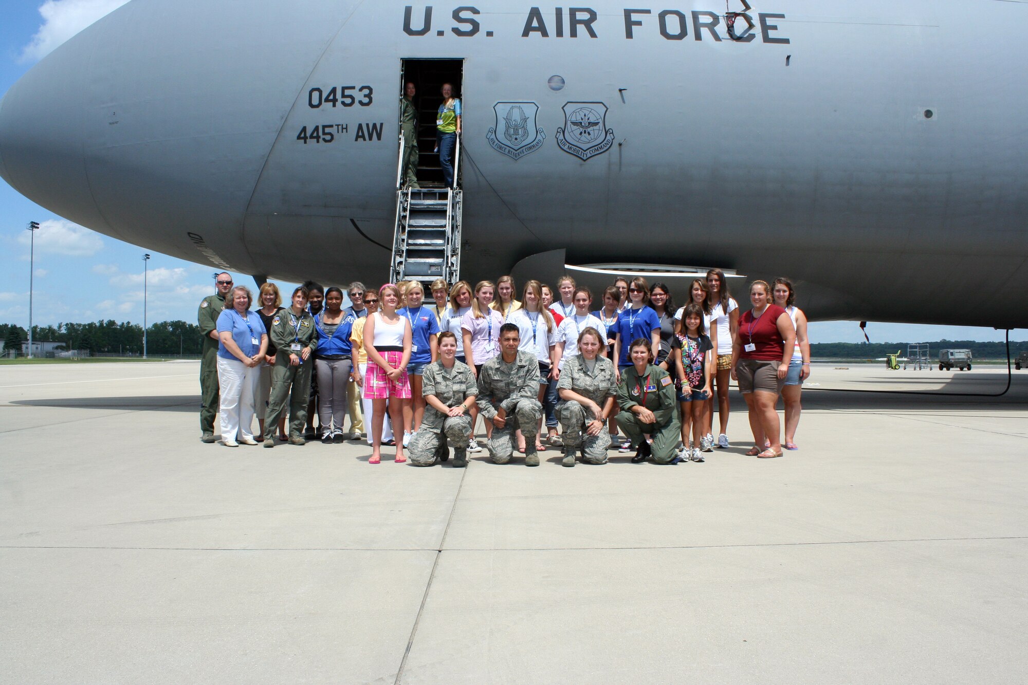 WRIGHT-PATTERSON AIR FORCE BASE, Ohio – Attendees of the National Aviation Hall of Fame's Fourth Annual Wings of Women conference July 16 were able to spend the afternoon at the 445th Airlift Wing touring a C-5 Galaxy and participating in demonstrations by the 445th Aircrew Flight Equipment shop and the 445th Aeromedical Evacuation Squadron. (U.S. Air Force photo/Senior Airman Mikhail Berlin)