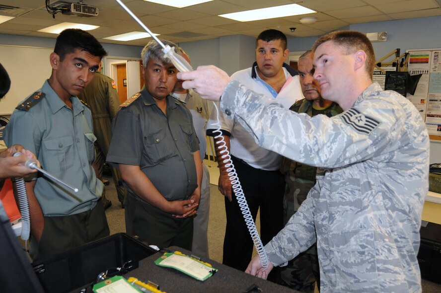 Tech. Sgt. Saul Davidson, Assistant Installation Emergency Manager, demonstrates how to use a Multi-Rae which detects a variety of toxic and combustible gases and oxygen levels before entering a potentially hazardous environment. Photo: Tech. Sgt. Aaron Vezeau 157th ARW-PA