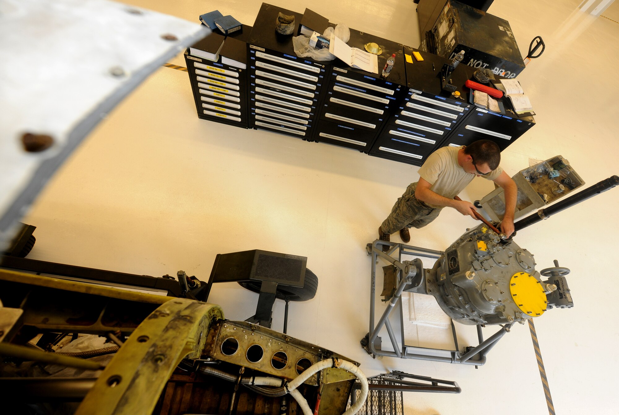 MOODY AIR FORCE BASE, Ga. -- Airman 1st Class Treyan Doss, 23rd Component Maintenance Squadron aerospace propulsion journeyman, prepares a HC-130P/N Combat King’s reduction gearbox for installation here July 22. The overall goal of the 23rd CMS is to ensure that each aerospace propulsion technician stationed at Moody can maintain engines from the HH-60G Pave Hawk, A-10 Thunderbolt II and C-130 Combat King aircraft. (U.S. Air Force photo by Airman 1st Class Benjamin Wiseman/RELEASED)