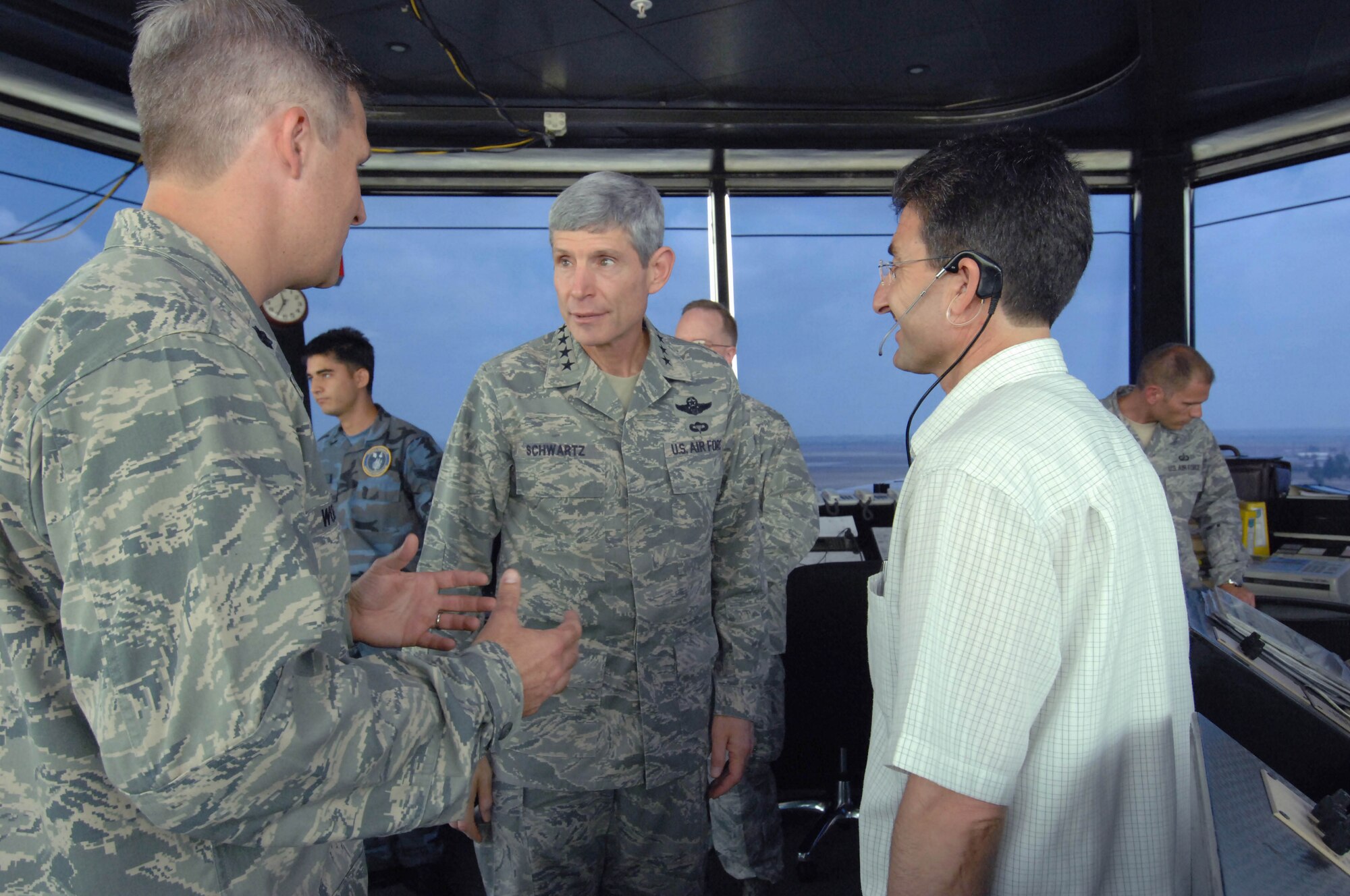 Lt. Col. Bryan Wolford and Hudaverdi Goren brief Air Force Chief of Staff Gen. Norton Schwartz July 21, 2010, at Incirlik Air Base, Turkey. The Air Force's top uniformed officer toured work areas, visited with Airmen around the base and addressed issues affecting the Air Force with more than 500 Airmen during an all call. Colonel Wolford is the 39th Operations Squadron commander. Mr. Goren is a 39th Operations Squadron interpreter. (U.S. Air Force photo/Tech. Sgt. Valda G. Wilson)