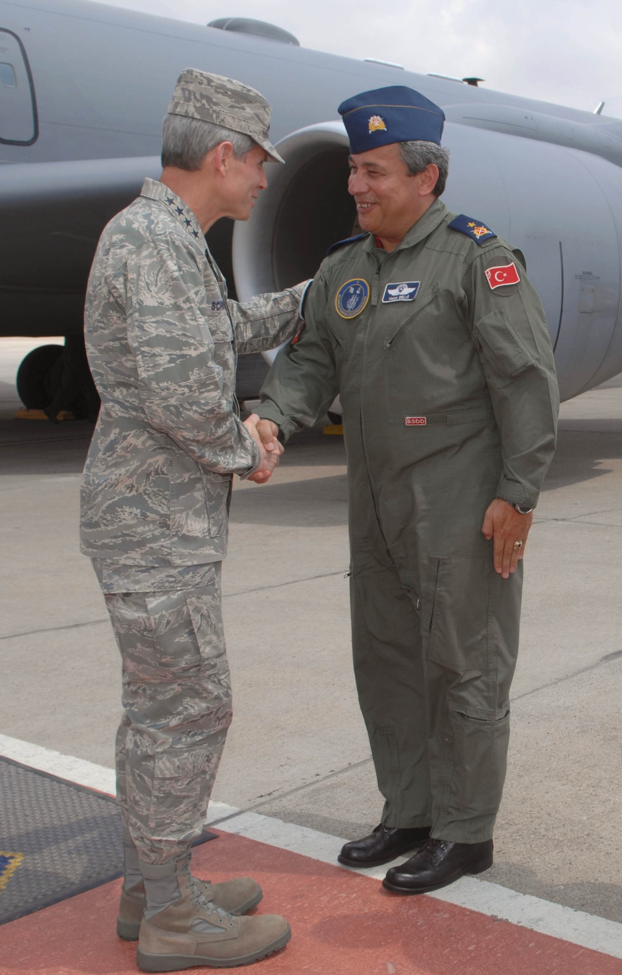 Air Force Chief of Staff Gen. Norton Schwartz is welcomed by Turkish air force Brig. Gen. Haluk Selvi July 21, 2010, at Incirlik Air Base, Turkey. The Air Force's top uniformed officer toured work areas, visited with Airmen around the base and addressed issues affecting the Air Force with more than 500 Airmen during an all call. General Selvi is the 10th Tanker Base commander. (U.S. Air Force photo/Tech. Sgt. Valda G. Wilson)