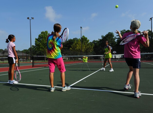 Tennis students learn the basics of a serve during a weeklong camp hosted by the Youth Programs Center at Joint Base Charleston, S.C., July 23, 2010. Future iterations of the camp are scheduled to continue into the school year. To register, contact the Youth Programs Center at 963-5684. (U.S. Air Force photo/Airman 1st Class Lauren Main)