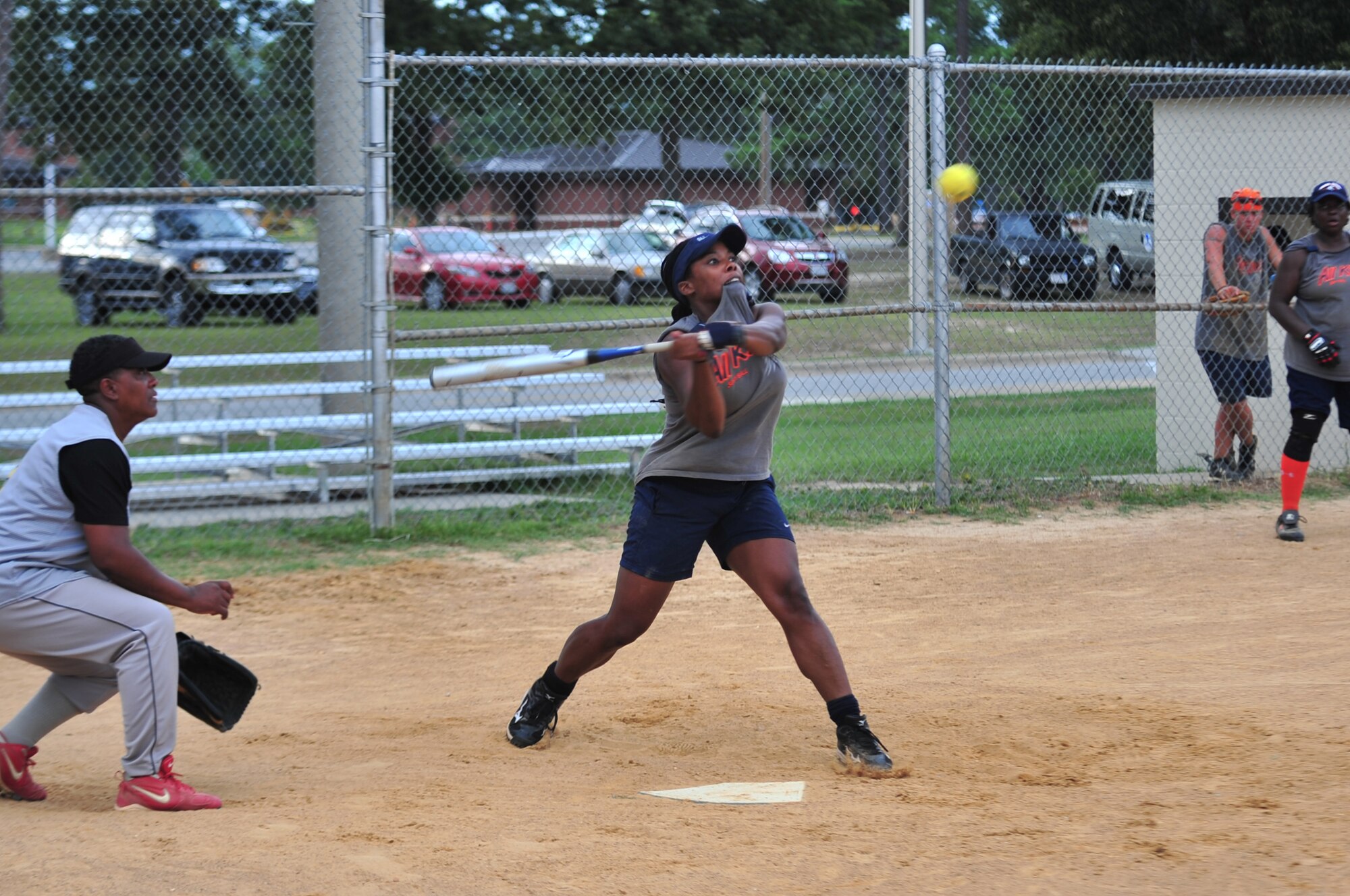SEYMOUR JOHNSON AIR FORCE BASE, N.C. -- Tinovia "TJ" Unrutt swings at the ball during the Eagles Grand Slam Jamboree Softball Championship here, July 18, 2010. The jamboree was a two day double elimination tournament. Unrutt is a Fort Belvoir, Va., "All Kinds" left fielder. She is from Shreveport, La. (U.S. Air Force photo/Senior Airman Rae Perry)