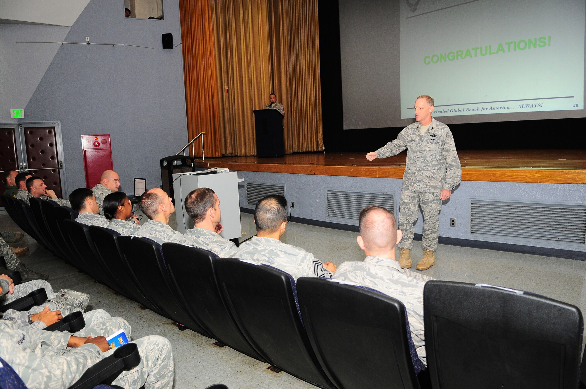 YOKOTA AIR BASE, Japan -- Team Yokota received its first Logistics Compliance Assessment Program inspection (LCAP).  The LCAP team arrived on  July 17 and evaluations were conducted from July 19-24. The LCAP team evaluated the units' ability to perform key logistics processes in a safe, standardized, repeatable, and technically compliant manner.  The Inspection looked at both processes and personnel to determine the overall health of the logistics organization. Every squadron rated earned an "Excellent" rating, which in turn resulted in the Wing earning an overall "Excellent."  Here, Colonel Paul Feather, Commander, 374th Airlift Wing, expresses how proud he is of Yokota on its performance during the LCAP inspection. (U.S. Air Force photo by Staff Sgt Stacy Moless)