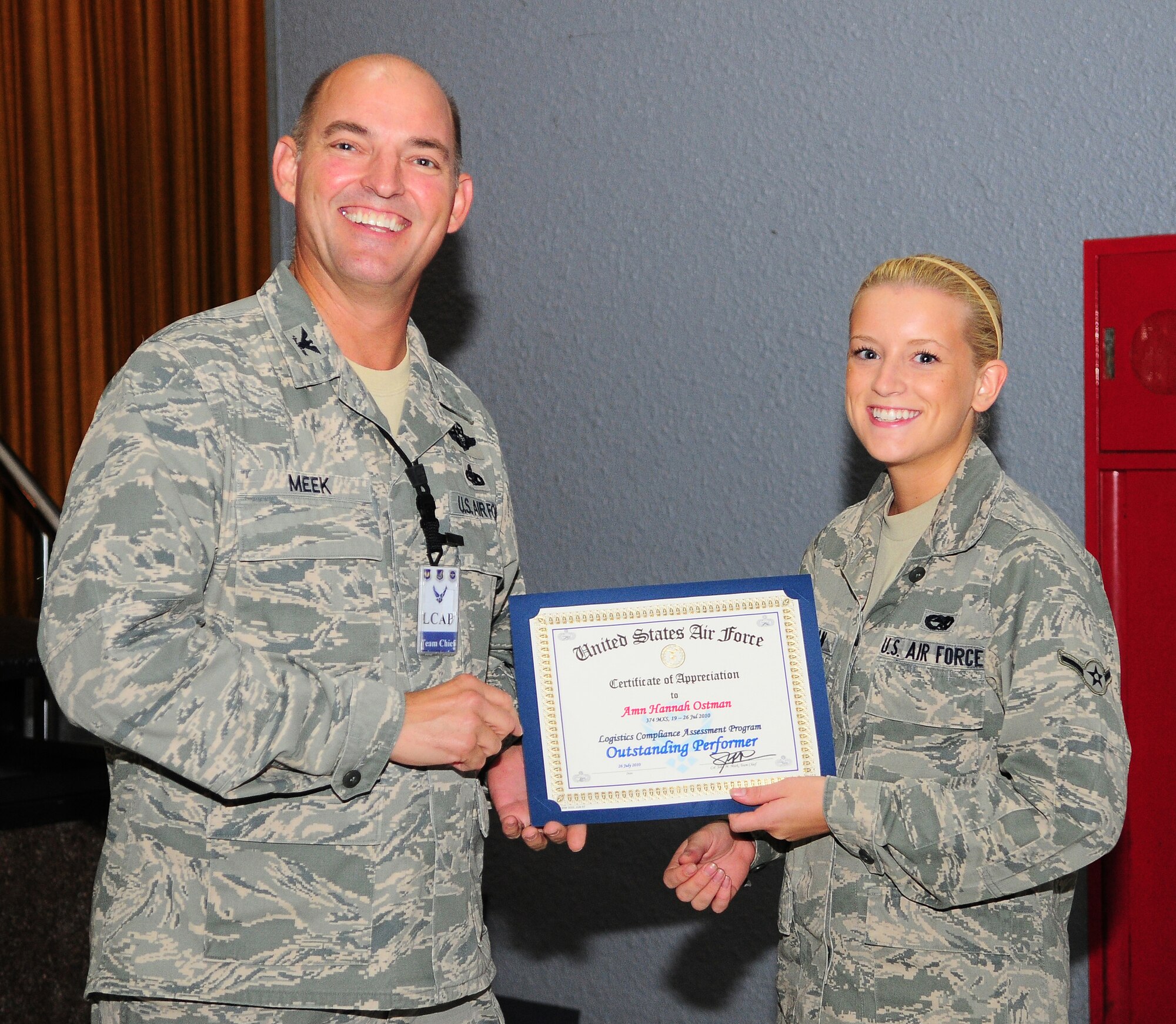 YOKOTA AIR BASE, Japan -- Airman Hannah Ostman, fuels system apprentice, 374th Maintenance Squadron, is just one of the 25 Airmen from Yokota to be recognized as an outstanding performer during the recent Logistics Compliance Assessment Program inspection.  Team Yokota received its first Logistics Compliance Assessment Program inspection (LCAP).  The LCAP team arrived on  July 17 and evaluations were conducted from July 19-24. The LCAP team evaluated the units' ability to perform key logistics processes in a safe, standardized, repeatable, and technically compliant manner.  The inspection looked at both processes and personnel to determine the overall health of the logistics organization. Every squadron rated earned an "Excellent" rating, which in turn resulted in the Wing earning an overall "Excellent."(U.S. Air Force photo by Staff Sgt Stacy Moless)