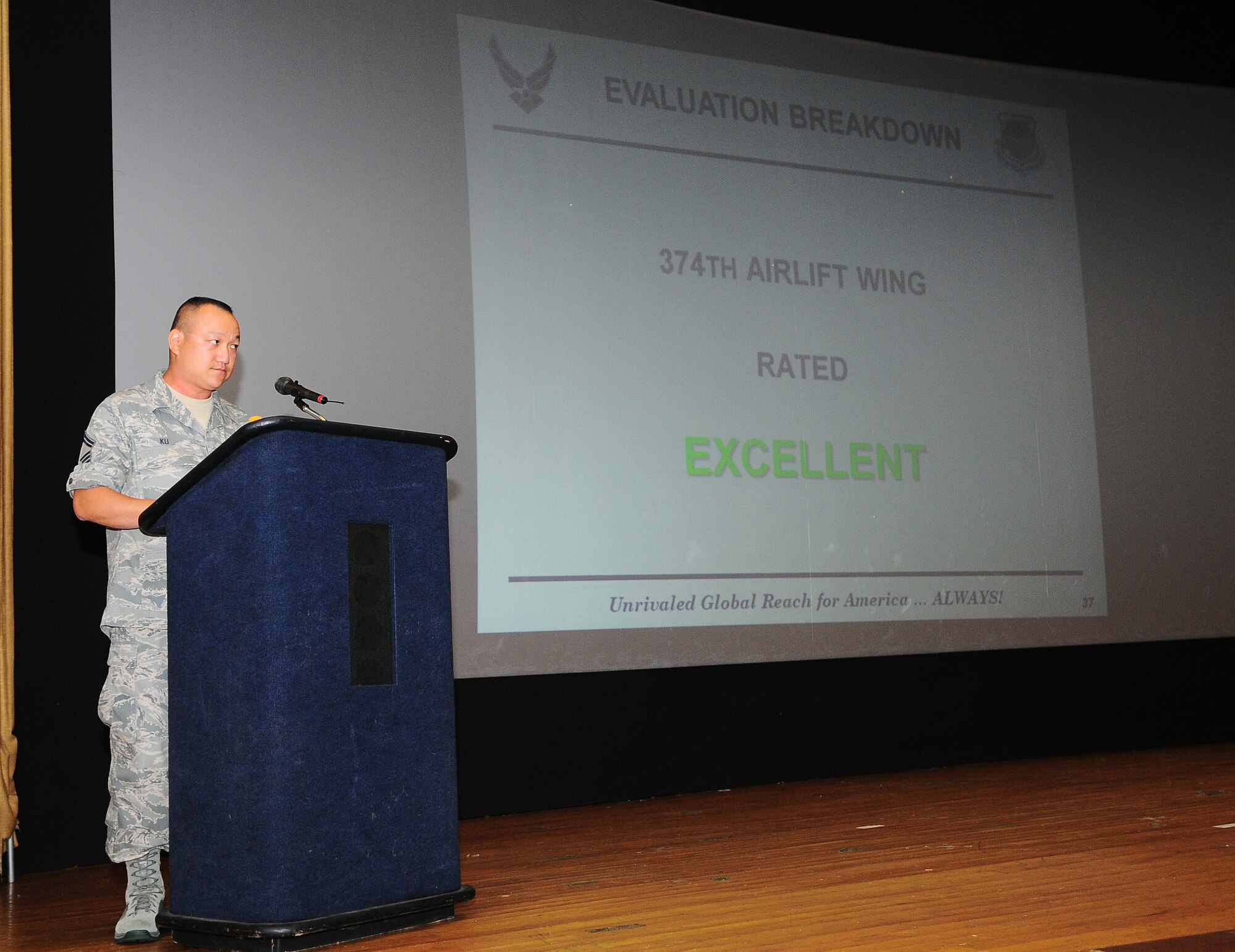 YOKOTA AIR BASE, Japan -- Senor Master Sgt. Jimmy Ku, Air Mobility Command, a member of the Logistics Compliance Assessment Program inspection team, briefs the results of the inspection during an out brief. Team Yokota received its first Logistics Compliance Assessment Program inspection (LCAP).  The LCAP team arrived on July 17 and evaluations were conducted from July 19-24. The LCAP team evaluated the units' ability to perform key logistics processes in a safe, standardized, repeatable, and technically compliant manner. The inspection looked at both processes and personnel to determine the overall health of the logistics organization. Every squadron rated earned an "Excellent" rating, which in turn resulted in the Wing earning an overall "Excellent." (U.S. Air Force photo by Staff Sgt Stacy Moless)