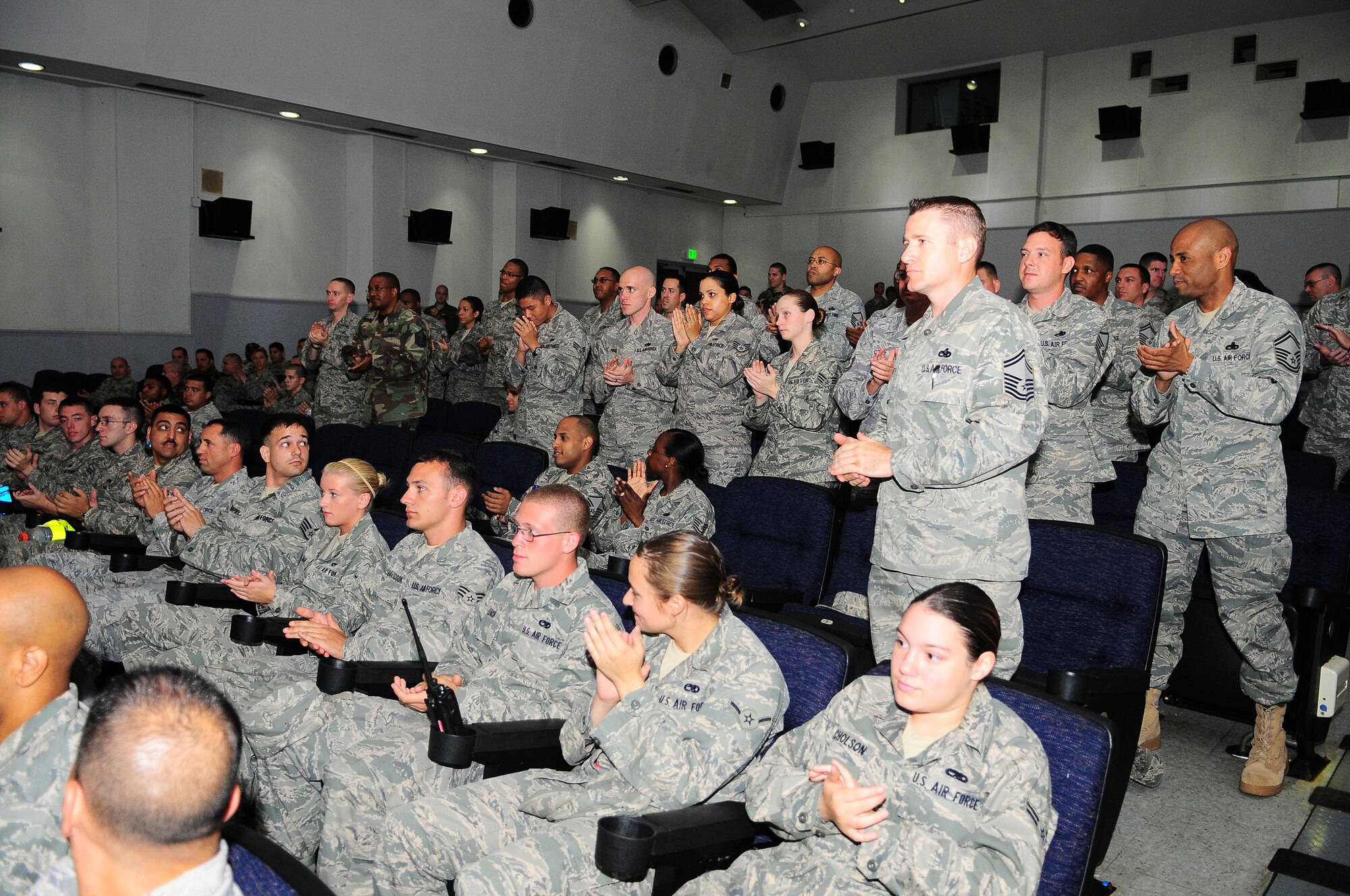 YOKOTA AIR BASE, Japan -- A Standing ovation and applause is given all around at the Logistics Compliance Assessment Program inspection out brief as the scores of "Excellent" are being announced. Team Yokota received its first Logistics Compliance Assessment Program inspection (LCAP).  The LCAP team arrived on July 17 and evaluations were conducted from July 19-24. The LCAP team evaluated the units' ability to perform key logistics processes in a safe, standardized, repeatable, and technically compliant manner.  The inspection looked at both processes and personnel to determine the overall health of the logistics organization. Every squadron rated earned an "Excellent" rating, which in turn resulted in the Wing earning an overall "Excellent." (U.S. Air Force photo by Staff Sgt Stacy Moless)