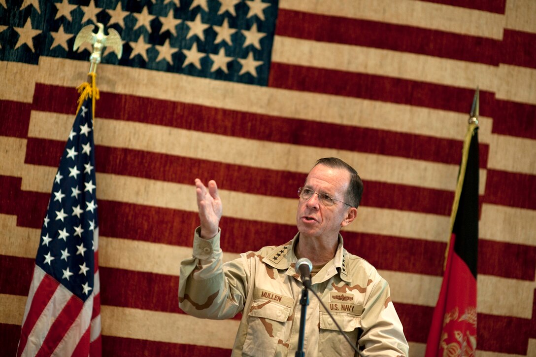 U.S. Navy Adm. Mike Mullen, chairman of the Joint Chiefs of Staff, answers questions during a town hall meeting at the U.S. Embassy in Kabul, Afghanistan, July 25, 2010.
