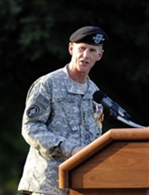 U.S. Army Gen. Stanley McChrystal gives his remarks after he is honored during his retirement ceremony at Fort McNair in Washington, D.C., on July 23, 2010.  