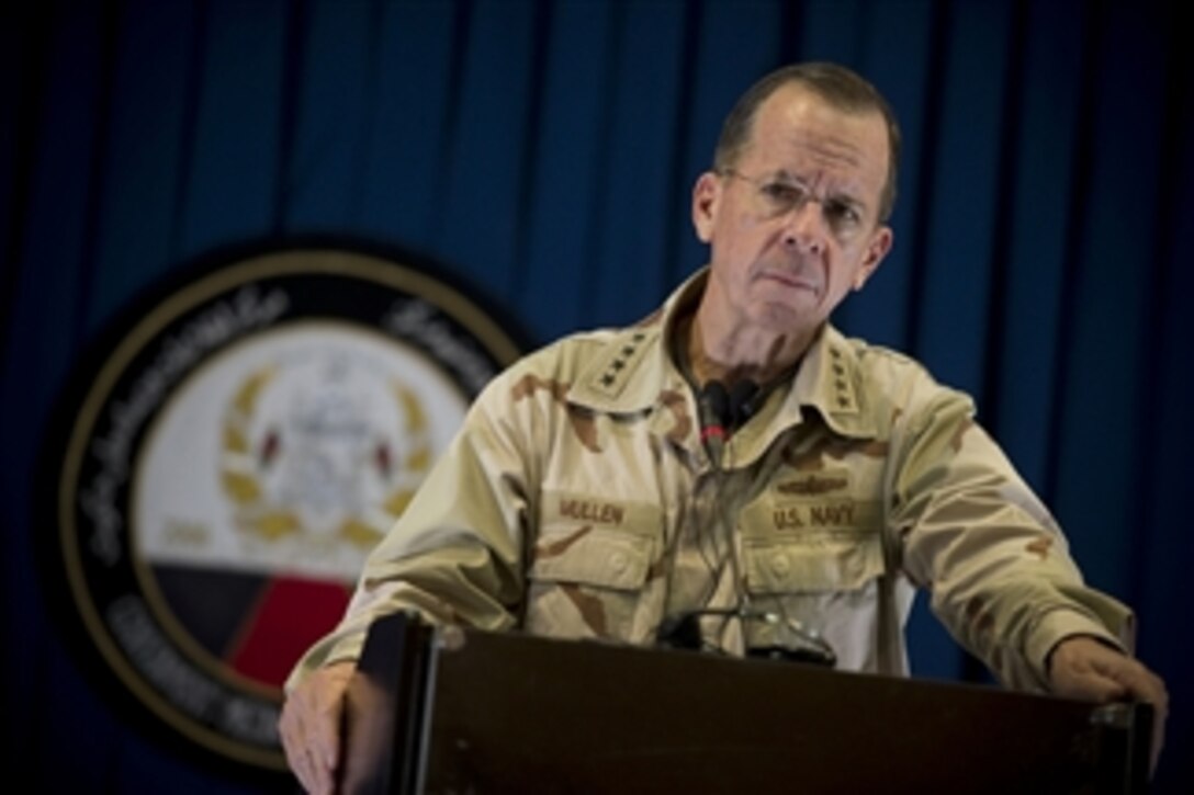 Chairman of the Joint Chiefs of Staff Adm. Mike Mullen, U.S. Navy, addresses the media during a press availability at the Afghan Government Media and Information Center in Kabul, Afghanistan, on July 25, 2010.  Mullen stopped in Afghanistan in the midst of a ten-day, around the world trip to meet with counterparts and troops engaged in the war on terrorism.  