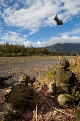Canadian soldiers assigned to Company G, Royal Canadian Regiment, Canadian Army, provide security as a CH-53D Sea Stallion helicopter arrives with Marines from Company F, 2nd Battalion, 3rd Marine Regiment, during a noncombatant evacuation operation at Marine Corps Training Area Bellows, Hawaii, July 26. The NEO, an emergency evacuation involving the use of military forces and capabilities in order to provide aid, assistance and movement to safety of American citizens overseas, was conducted as part of interoperability training between coalition forces during the multi-national Exercise Rim of the Pacific 2010.