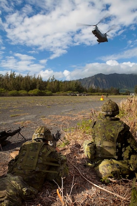 Canadian soldiers assigned to Company G, Royal Canadian Regiment, Canadian Army, provide security as a CH-53D Sea Stallion helicopter arrives with Marines from Company F, 2nd Battalion, 3rd Marine Regiment, during a noncombatant evacuation operation at Marine Corps Training Area Bellows, Hawaii, July 26. The NEO, an emergency evacuation involving the use of military forces and capabilities in order to provide aid, assistance and movement to safety of American citizens overseas, was conducted as part of interoperability training between coalition forces during the multi-national Exercise Rim of the Pacific 2010.