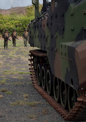 Infantrymen with the Indonesian Marine Corps move from U.S. Marine Corps CH-53D Sea Stallion helicopters to amphibious assault vehicles during a noncombatant evacuation operation at Marine Corps Training Area Bellows, Hawaii, July 26. The NEO, an emergency evacuation involving the use of military forces and capabilities in order to provide aid, assistance and movement to safety of American citizens overseas, was conducted as part of interoperability training between coalition forces during the multi-national Exercise Rim of the Pacific 2010.