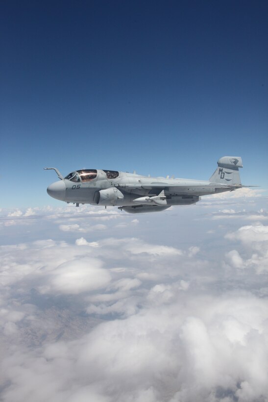 A freshly aerial refueled EA-6B Prowler flies at an approximate height of 20,000 feet in Nevada skies July 27. The Prowler is from Marine Tactical Electronic Warfare Squadron 3, stationed out of Marine Corps Air Station Cherry Point, N.C., and is participating in Red Flag 10-4, which is a two-week advanced aerial combat training exercise, hosted at Nellis Air Force Base, Nev. The exercise is held four times a year and most closely relates to what would be experienced in a combat environment.