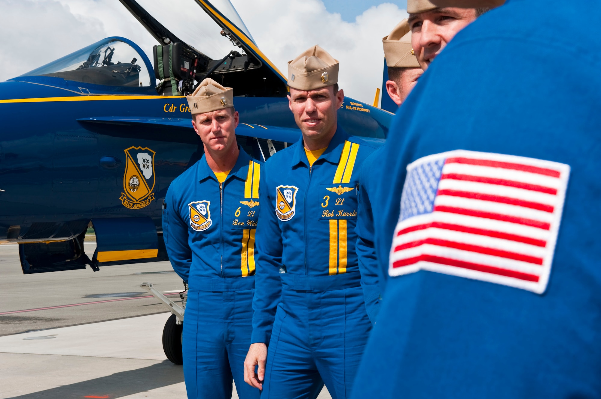 JOINT BASE ELMENDORF RICHARDSON, Alaska -- U.S. Navy Blue Angels pilots gather to meet with local leaders after arriving at Joint Base Elmendorf-Richardson July 27. The Blue Angels will be one of the main performances during this year?s Arctic Thunder Air Show, taking place July 31 and Aug. 1. Gates open at 9 a.m. and parking and admission are free. (Air Force photo by Airman 1st Class Jack Sanders)