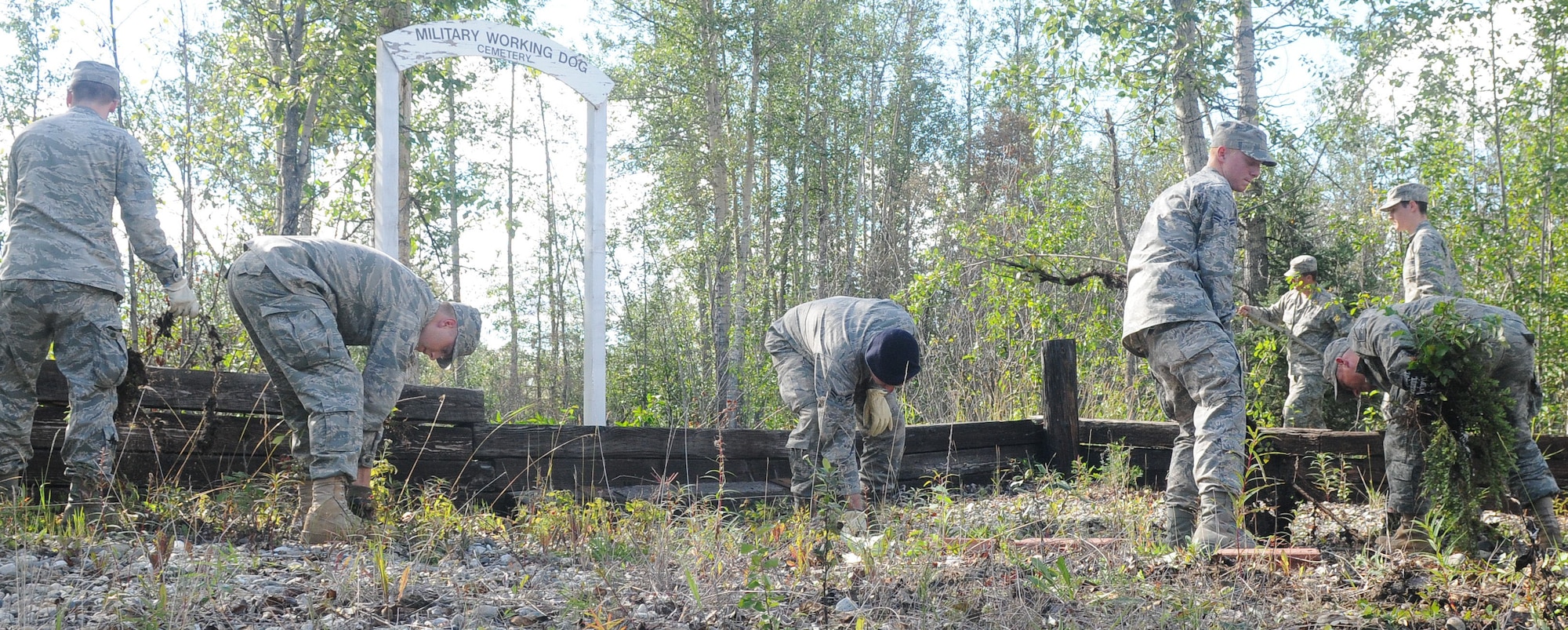 Airmen pull weeds in the Military Working Dogs Memorial July 22, 2010, Eielson Air Force Base, Alaska. The clean-up was coordinated as a result of the overgrowth of weeds and displacement of the wood bordering the memorial.