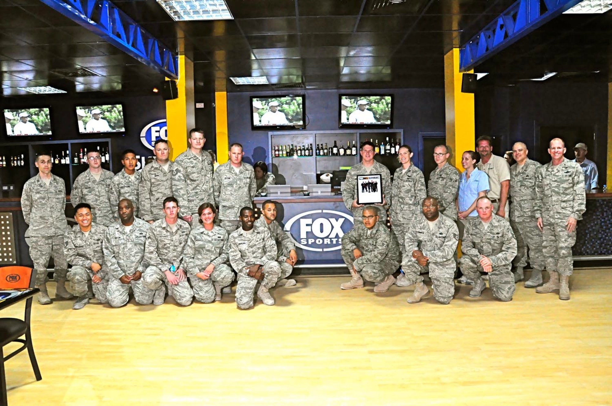 Master Sergeant Ralph Binion, 379th Expeditionary Force Support Squadron, along with another deployed 366th FSS member helped in the completion of the FOX Sports Sky Box. Sergeant Binion is the Community Service Flight Superintendent. (Courtesy Photo)