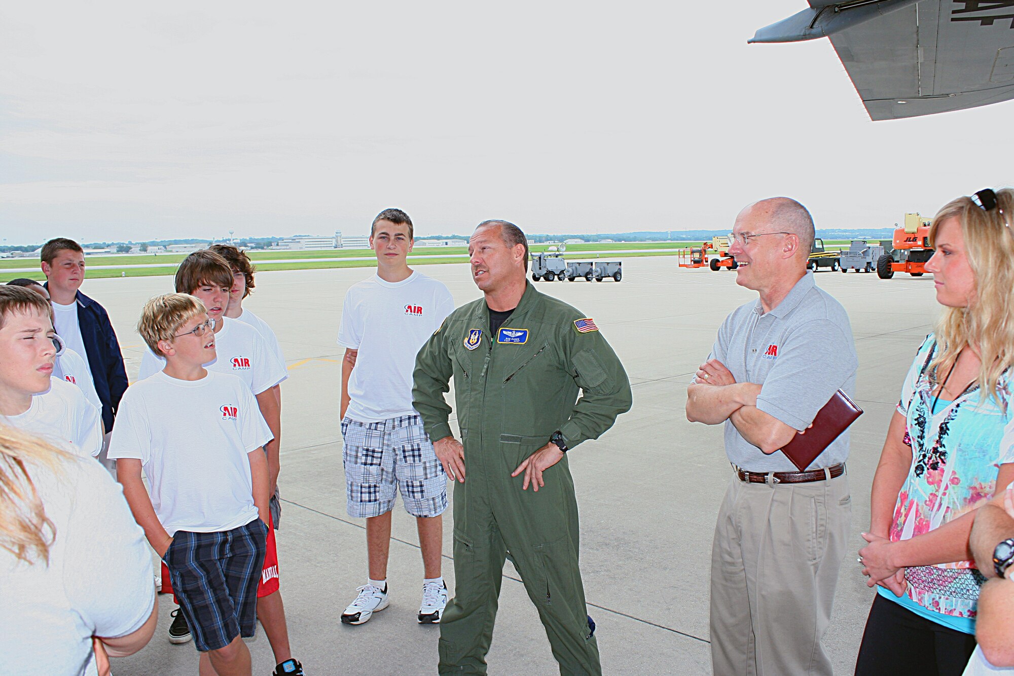 WRIGHT-PATTERSON AIR FORCE BASE, Ohio -Tech. Sgt. Ron Baker, 89th Airlift Squadron, shows students from Air Camp the mechanics of a C-5 Galaxy aircraft during the group’s visit to the 445th Airlift Wing July 20. Air Camp is a new week-long summer camp for middle school students to learn about aviation and the science, technology, engineering and mathematics of aeronautics. (U.S. Air Force photo/Senior Airman Mikhail Berlin)
