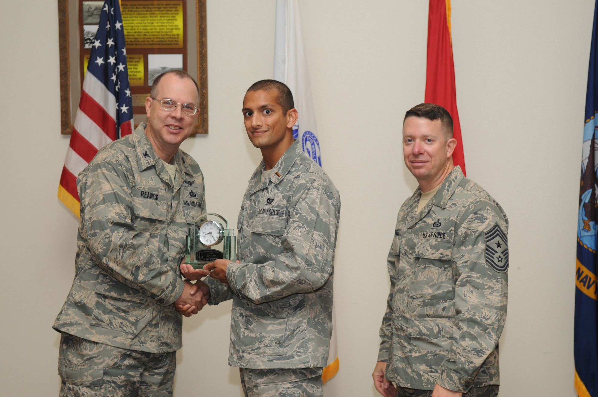 GOODFELLOW AIR FORCE BASE, Texas -- Second Lt. Vasav Swaminathan, 17th Mission Support Group, receives 17th Training Wing Company Grade Office of the Quarter during the wing quarterly awards ceremony July 27. (U.S. Air Force photo/Airman 1st Class Clayton Lenhardt) 