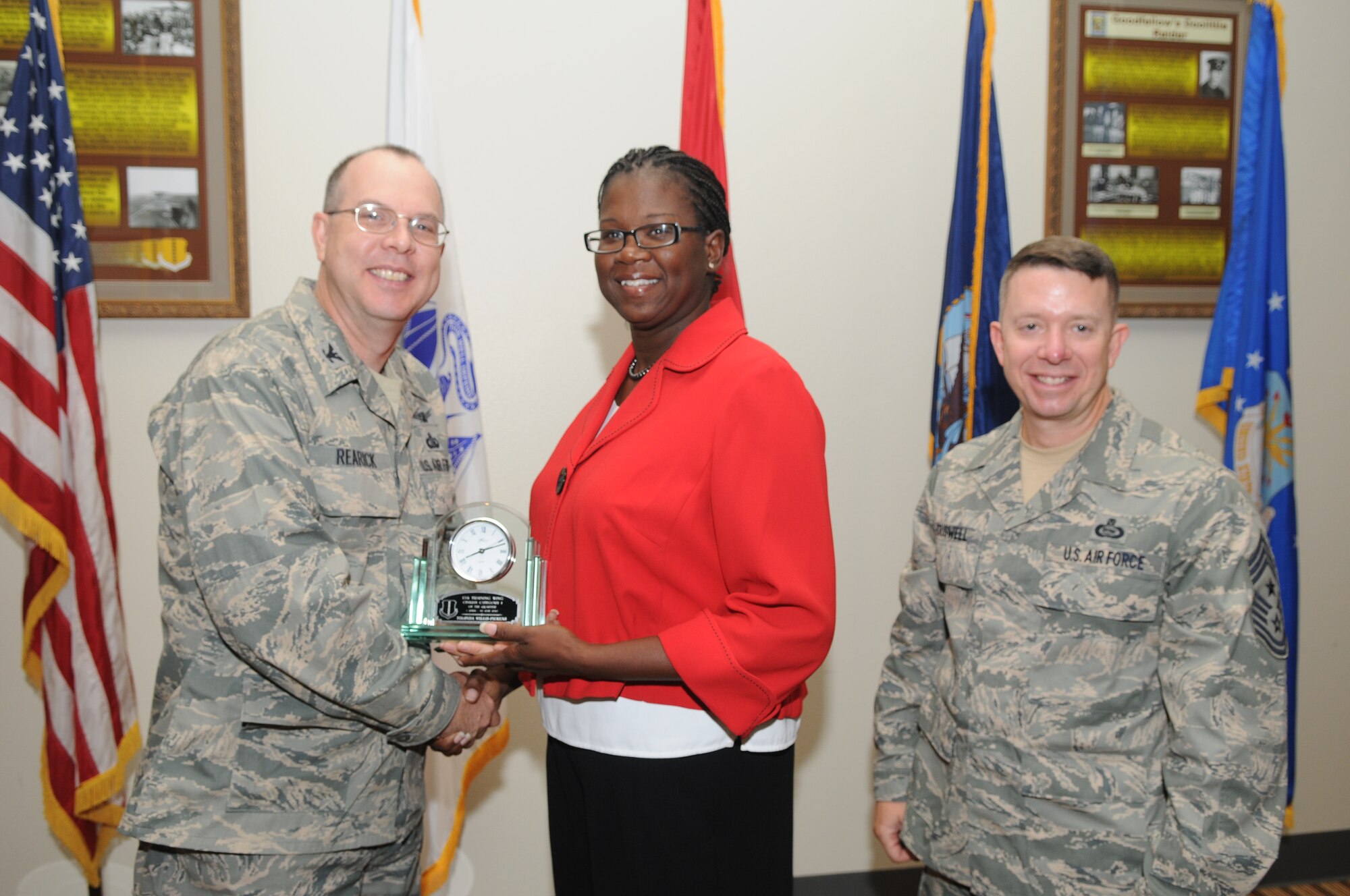 GOODFELLOW AIR FORCE BASE, Texas -- Yolonda Willis-Pickens, 17th Training Group, receives 17th Training Wing Civilian of the Quarter Category 1 during the wing quarterly awards ceremony July 27. (U.S. Air Force photo/Airman 1st Class Clayton Lenhardt) 