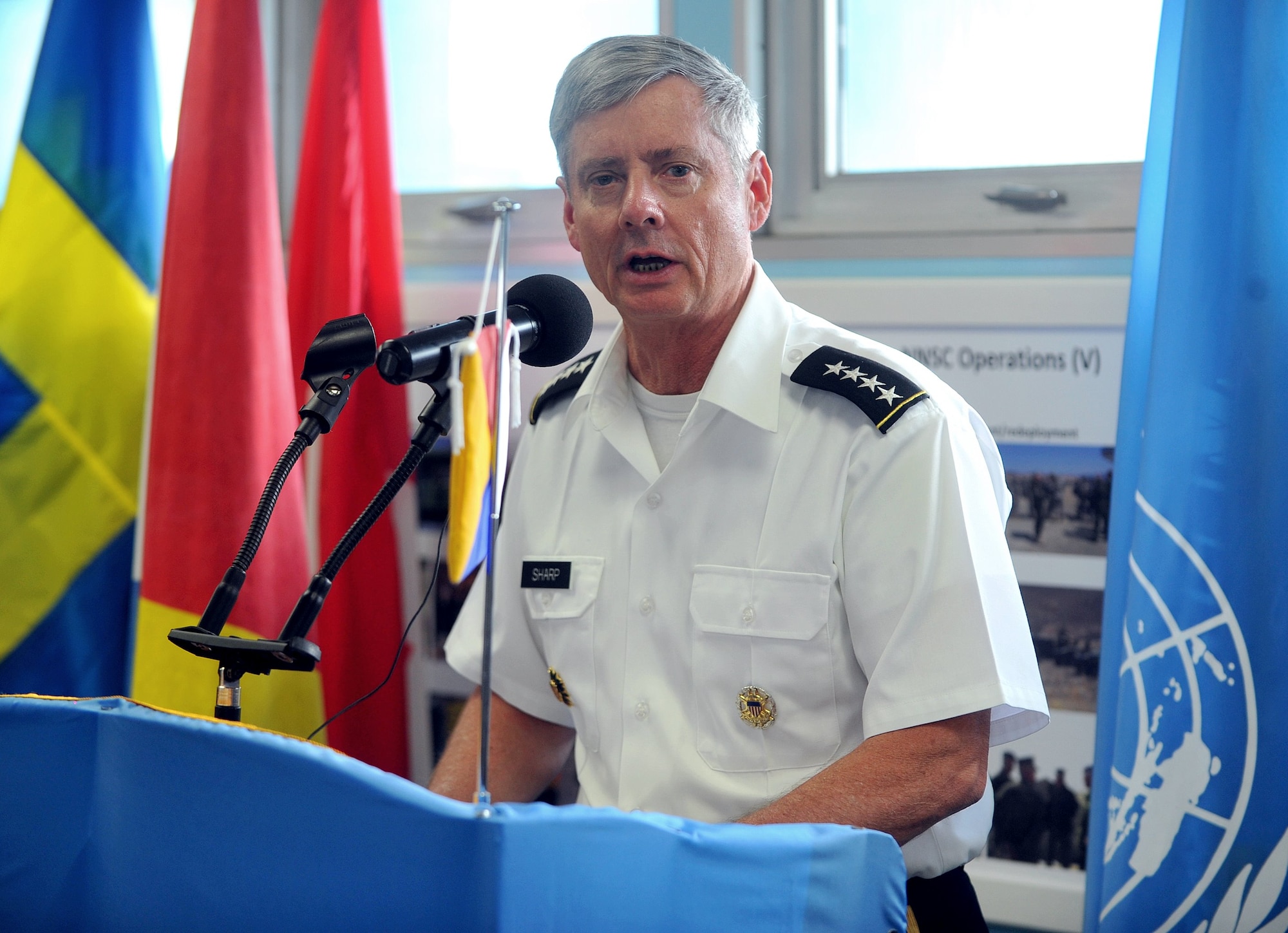 Gen. Walter L. Sharp, UNC Commander, speaks at the armistice commemoration ceremony July 27 at Panmunjom. (U.S. Army photo by Staff Sgt. Nicholas Salcido)