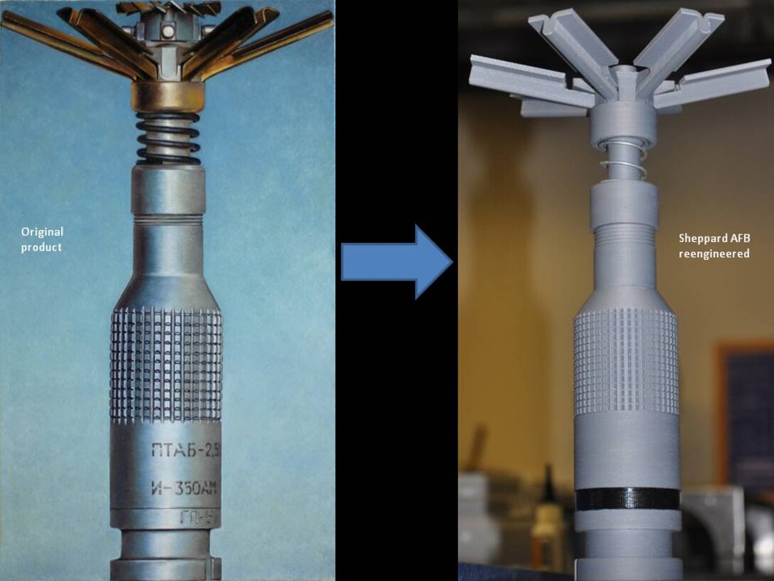 A PTAB 2.5 submunition is being replicated and detailed by the 982nd Maintenance Support Squadron at Sheppard Air Force Base, Texas, July 22 for use at an explosive ordnance disposal training facility.  EOD training aids were fabricated with plastic and steel to make them look, weigh and feel like the original item.  Details such as working springs, internal pieces, markings and bolts have been added to make training aids as detailed as possible.  (U.S. Air Force illustration/Tech. Sgt. Vernon Cunningham)