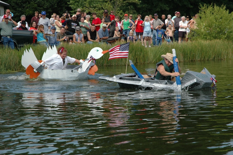 WINDSOR, Mo. - Members from the community engage in cardboard boat races, July 4 at Farrington Park and Lake. Windsor is located in West Central Missouri, at the intersection of five state highways, on the Katy Trail, a 200 mile hiking and biking trail, and near Truman Lake, one of the Show-Me State's largest fishing and recreational lakes.  