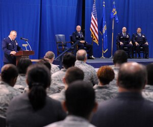 LANGLEY AIR FORCE BASE, Va. -- Col. Rick Bennett, 735th Supply Chain Operation Group commander, gives an opening speech during the activation, and assumption of command ceremonies July 22. The ceremony marked the formation of three operation squadrons to better support their war fighting mission. (U.S. Air Force photo/ Senior Airman Gul Crockett)