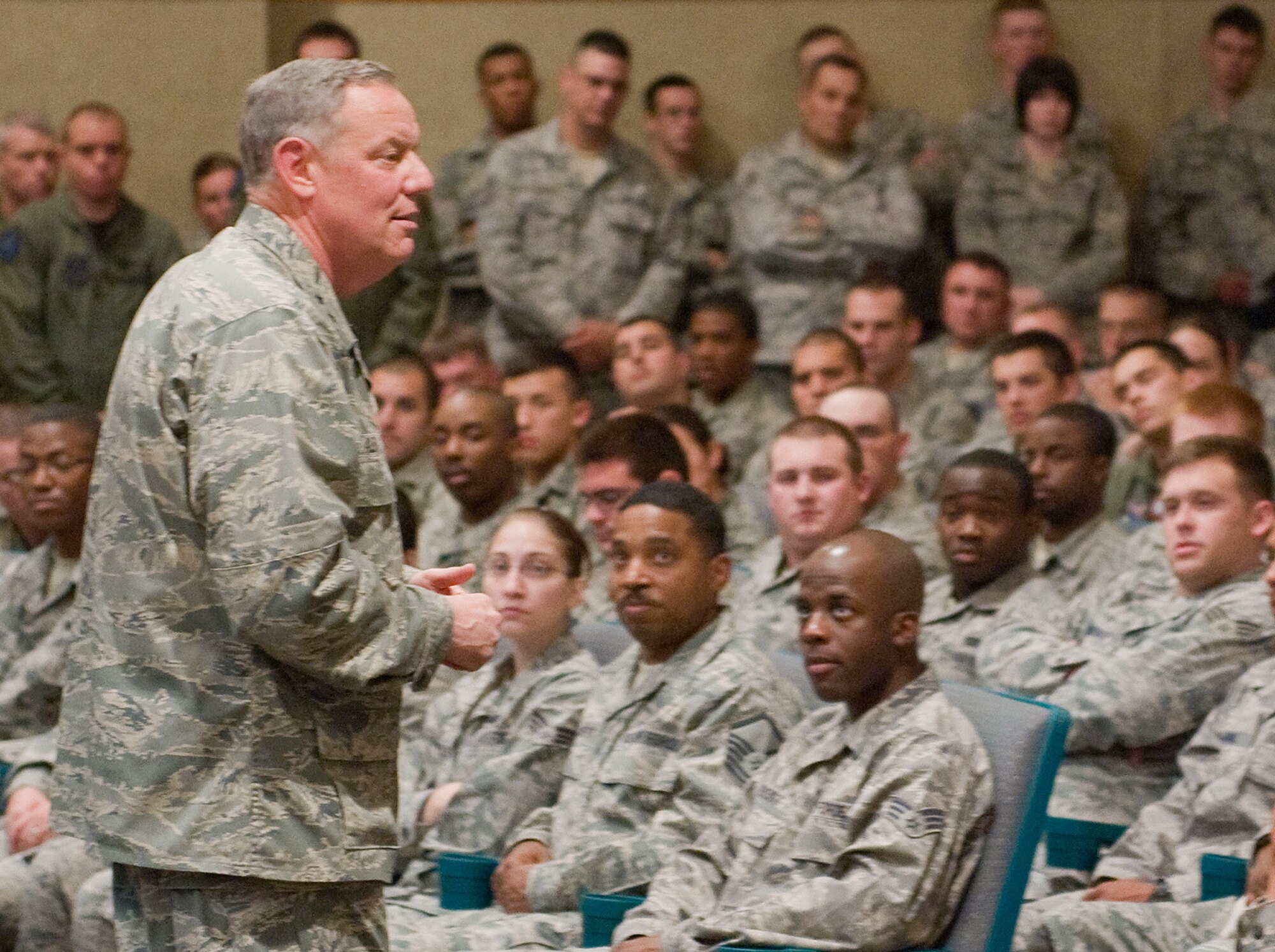 Maj. Gen. C. Donald Alston, 20th Air Force commander,  addresses members of the 341st Missile Wing during an all-call July 20 at the Malmstrom Air Force Base auditorium. (U.S. Air Force photo/Beau Wade)